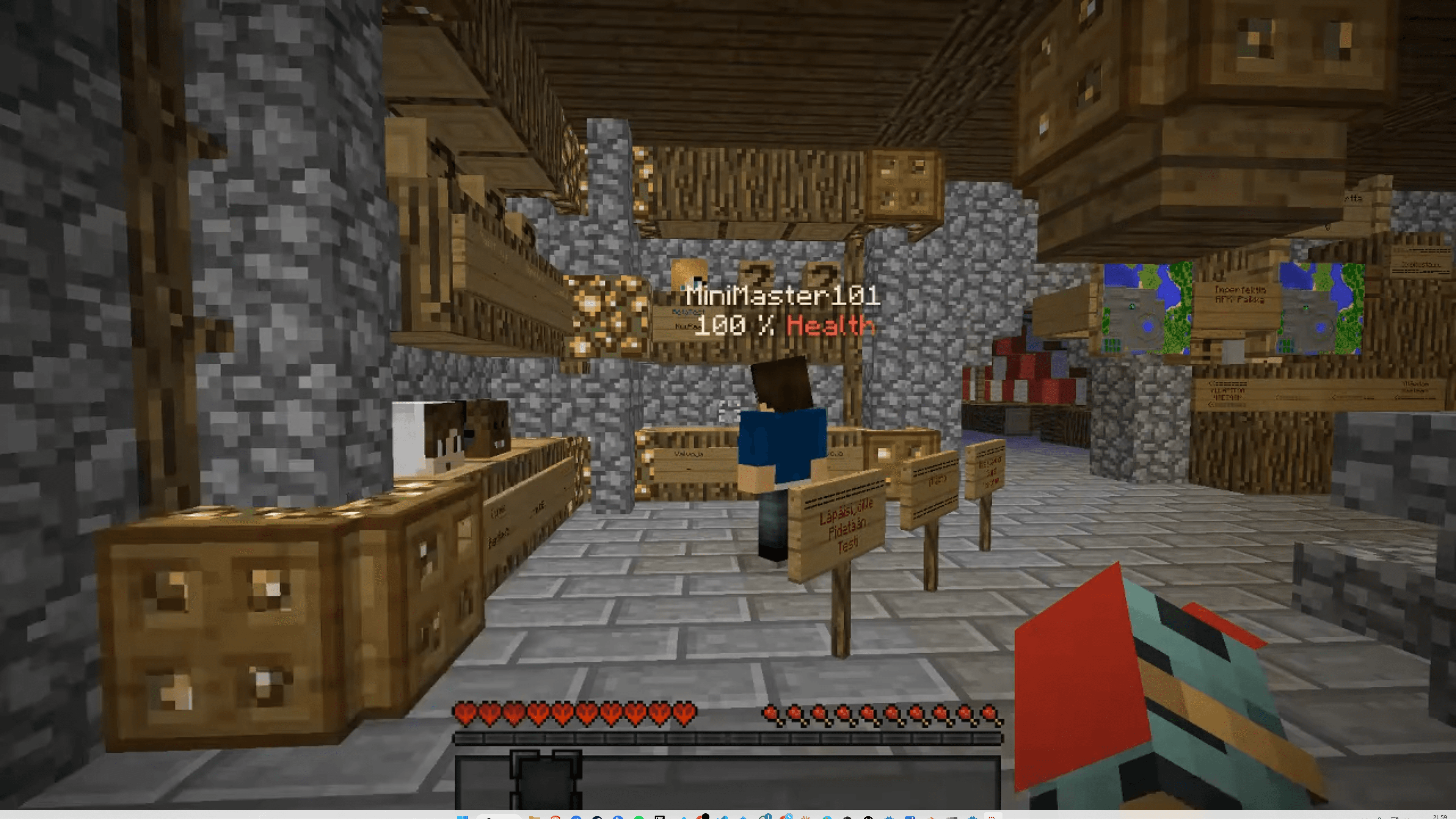 First Minecraft server screenshot — the player character MiniMaster101 in a wooden interior build