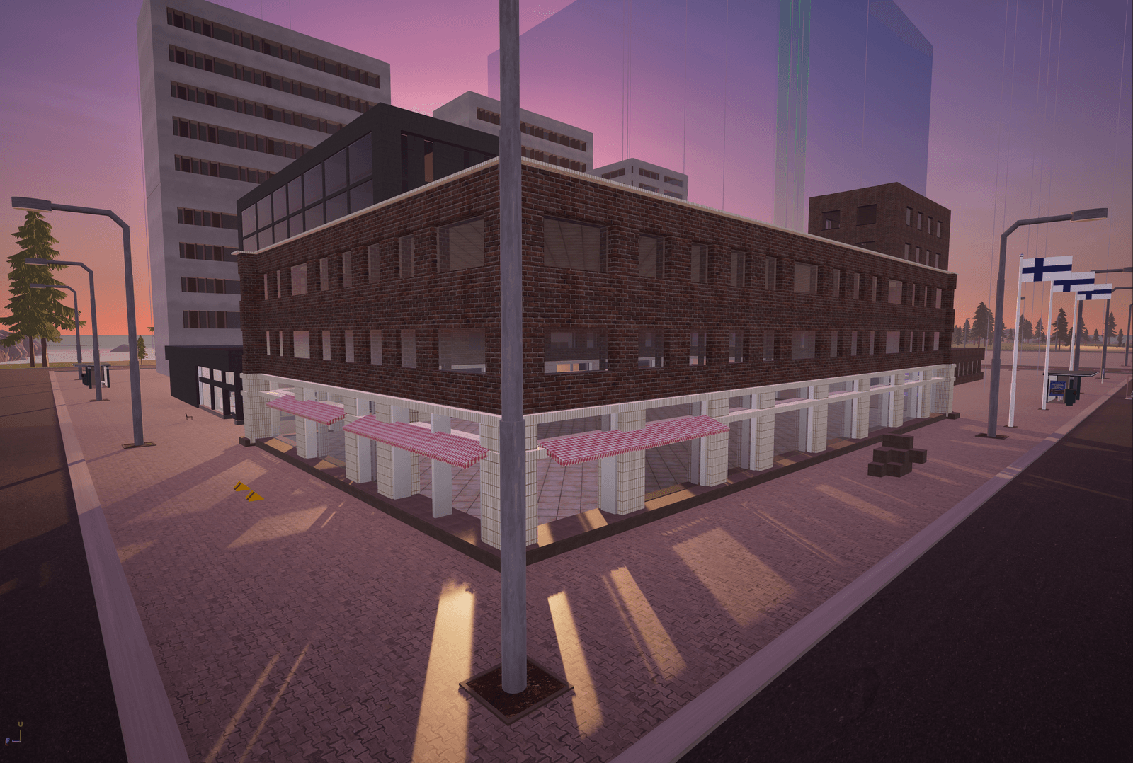 A street corner in the Kouvola map at sunset, Finnish flag flying